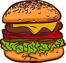 Delicious and juicy burger.   Isolated on white background, there is a place for printing. illustration in ink hand drawn style