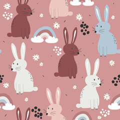 Bunnies and flowers, hand drawn backdrop. Colorful seamless pattern with animals. Decorative cute wallpaper, good for printing. Overlapping background vector. Design illustration, rabbits