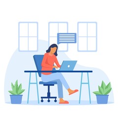 work from home illustration. woman working on laptop at home. flat design style