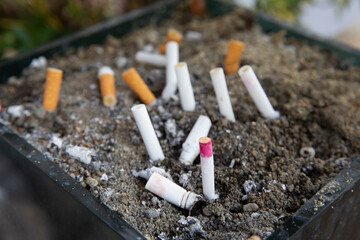 selective focus cigarettes put out in the sand