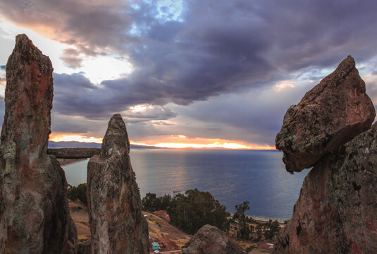 The sunset view from the "Horca del Inca" in the small village of copacapana at titicaca lake shore - Bolivia