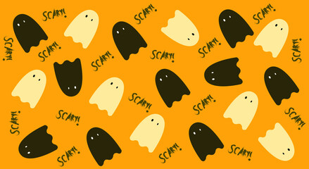 seamless background with butterflies .Vector image dedicated to Halloween. Little ghosts with an inscription on an orange background