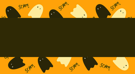 halloween background with frame. Vector image dedicated to Halloween. Little ghosts with an inscription on an orange background. In the center of the space for text