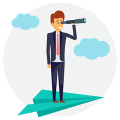 
Officially dressed cartoon character of male human along with a telescope, flying on an origami plane showing concept of exploring competitive business strategies 
