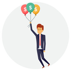 
Businessman holding colorful bunch of balloons with dollars sign and flying in air, concept of business investment 
