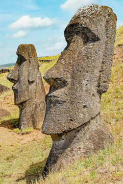 Moai Skulpturen am Rano Raraku auf der Osterinsel, Chile