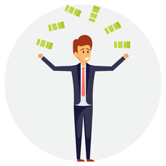 Fototapeta premium Portrait of a happy businessman exults under rain of banknotes 