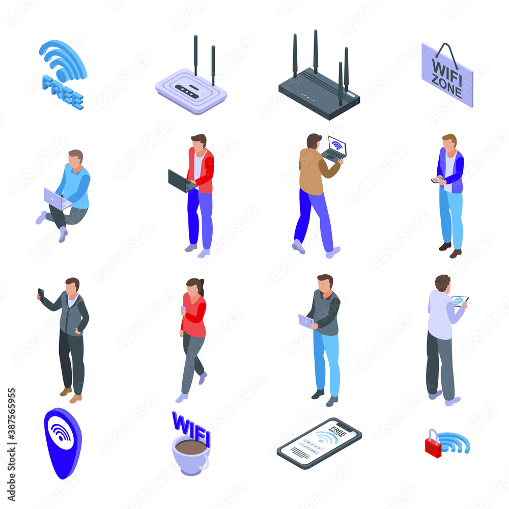 Poster wifi zone icons set. isometric set of wifi zone vector icons for web design isolated on white backgr