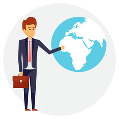 
Businessman holding briefcase and pointing towards world globe depicting him as a International businessman
