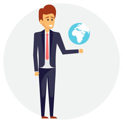 
Businessman holding briefcase and pointing towards world globe depicting him as a International businessman
