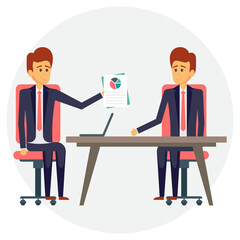 
Here is a cartoon character icon of businessman gripping certificate 
