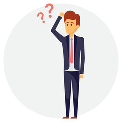 
A businessman avatar with question mark on head showing his confused gesture
