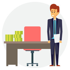 
office worker standing to his office desk best icon to describe working 
