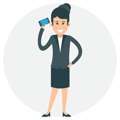 
A female avatar dressed up as a manager holding a cell phone
