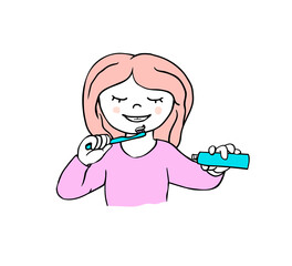 Girl brushing teeth. Vector doodle illustration