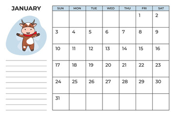 Printable A4 planner page for January 2021 with a cute bull, cow or ox, the symbol of the new year 2021 according to the Chinese calendar. Ready-to-print vector stock calendar page