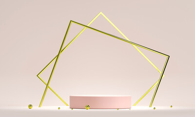 3D rendering white podium geometry with gold elements. Empty showcase, marble pedestal platform display. Product presentation blank podium. Minimal scene round step floor abstract composition.