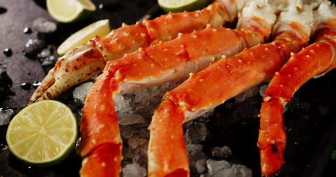 Fragrant boiled crab on a cutting board with ice. 