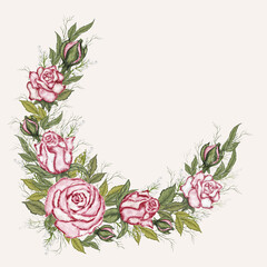 the decorative element is made of pink roses. sheet. romantic wreath, hand-drawn in a realistic style. a modern decor element to decorate your ideas. vintage style.