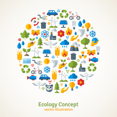 Ecology flat icons arranged in circle. Vector illustration. Hand with sprout, hand with water drop. Solar energy sign, wind energy sign, wild animals. Save the planet concept.
