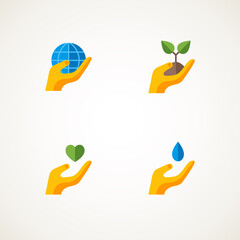 Sign or logo with hand holding elements Earth, heart, sprout, water drop. Vector illustration. Think green concept set. Save the planet. Environmentally friendly.