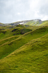 Fototapeta na wymiar Green hills in the Valais Alps near First, Switzerland on a summer day. 