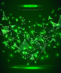 Abstract polygonal space green background with connecting dots and lines. Vector illustration. Futuristic technology wireframe mesh. Geometric Modern Technology Concept. Digital Data Visualization.