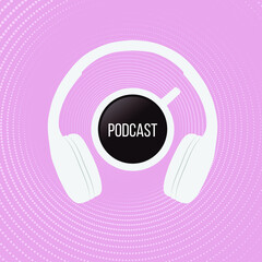 Music or podcast background with headphones and cup of coffee on pink background. Top view