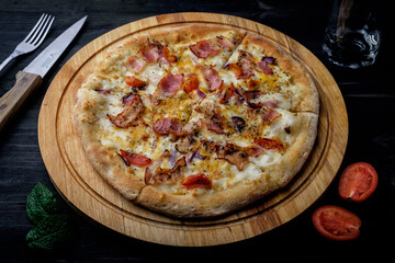 pizza on a wooden board
