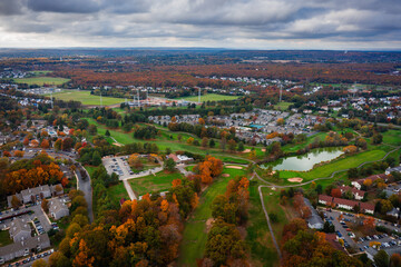Aerial Drone of Plainsboro Princeton Foliage Sunset