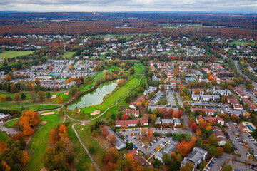 Aerial Drone of Plainsboro Princeton Foliage Sunset