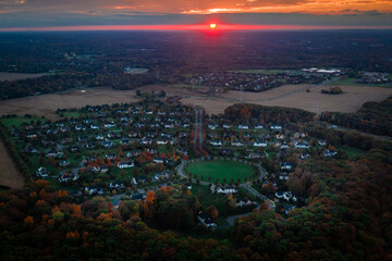 Fototapeta premium Aerial Drone of Plainsboro Princeton Foliage Sunset