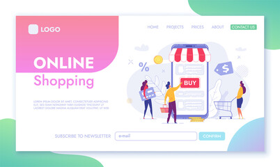 Landing Page template of Online Shopping.Tiny Male and Female Characters shop through the big phone. Concept of web page design for website and mobile website. Cartoon Flat Character Vector Illustrati