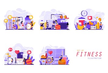 a collection of designs about fitness and several other things that are considered in the form of tiny people illustrations. Vector illustration