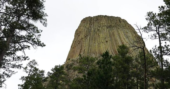 Devils Tower through forest trees Wyoming pan 4K. 1,267 feet tall igneous rock tower in Black Hills of South Dakota and Wyoming. United States National Monument. Recreation, tourism, vacation.