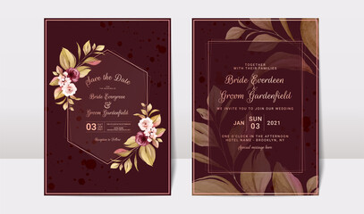 Floral wedding invitation template set with burgundy and peach roses flowers and leaves decoration. Botanic card design concept maroon background