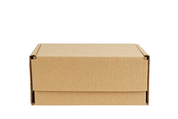 Closed brown cardboard box without label. Box for parcel, delivery or packaging isolated on white background. Copyspace.