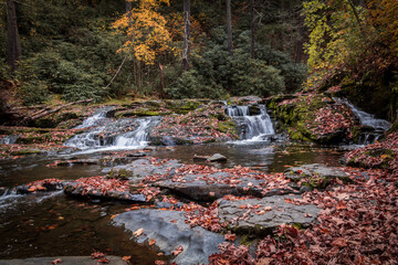 Dingmans Creek Waterfall flows gracefully draped with colorful leaves and fall foliage
