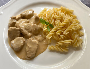 Tender strips of turkey in creamy sour creme sauce with fusilli pasta.