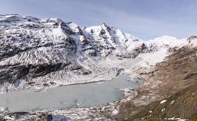 Der Gletscher und der See im Winterkleid.