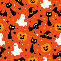 Halloween seamless pattern design with ghost, bat, pumpkin, witch hat and black cat. Good for wall and wrapping paper, party decoration.