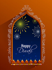 easy to edit vector illustration of decorated diya for Happy Diwali holiday Hindu festival of India background - 387573993