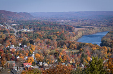 Milford, PA, and the Delaware River from scenic overlook on a sunny fall day