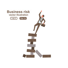 Business risk concept. Businessman pulls out the wooden block, risking to break stack. Vector illustration flat design. Landing business page.