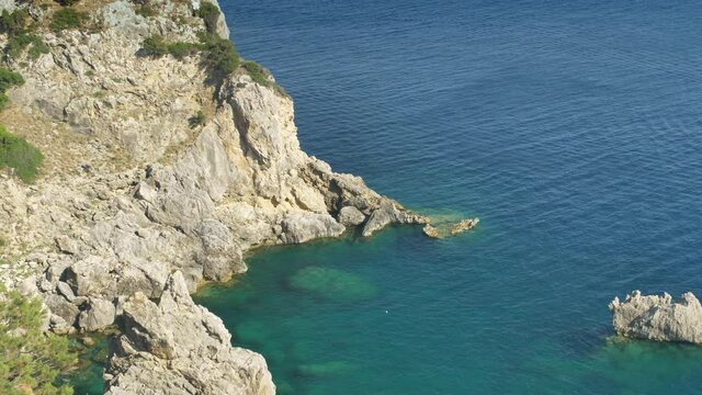 Corfu coastline, high cliffs on the north of an Island, Greece.