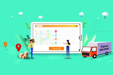 Fototapeta premium Concept of express delivery, business man and woman are discussing to track the shipment that shown on the screen of tablet to deliver the goods by van on time in green color background.