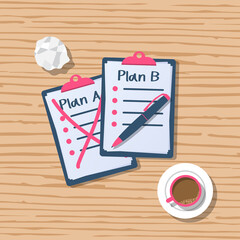 Plan B written in a clipboard isolated on a wooden table. Plan A failed. Vector illustration flat design. Isolated on background. Success solution. Alternative idea.