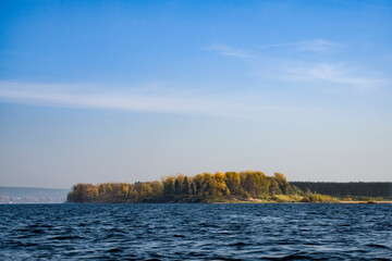 autumn, October, nature, landscape, day, sky, walk, travel, river, water, light, shadow, island, sand, opposite, coast, mountains, trees, distance, height, space