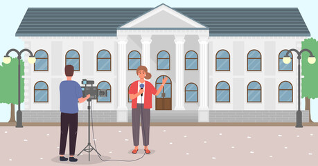Journalists, a female reporter and a male cameraman report from the street in front of the pillared building. Flat vector cartoon illustration.