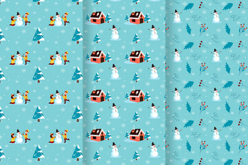 Merry christmas pattern with children making snowman